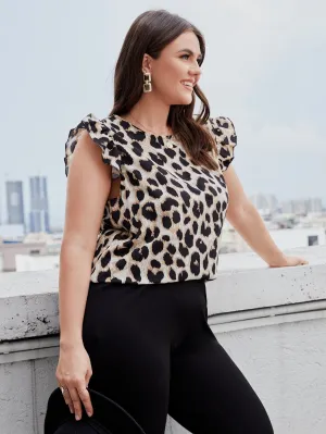 Leopard Ruffle Cap Sleeve Round Neck Regular Plus Size Blouse