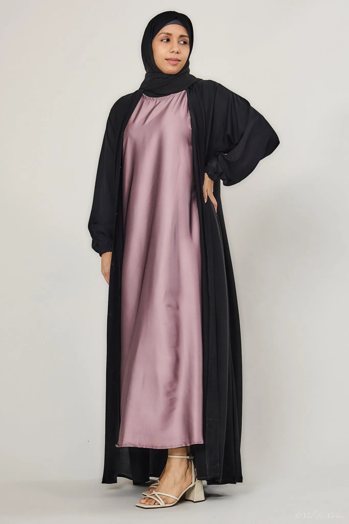 Mauve Short-Sleeved Satin Abaya Slip Dress