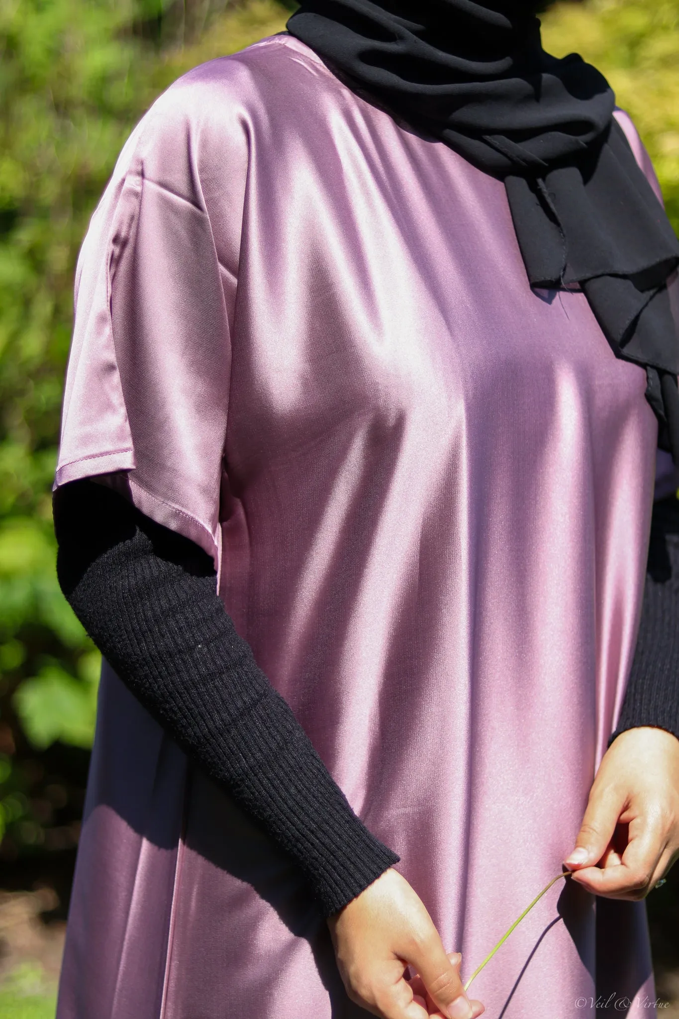 Mauve Short-Sleeved Satin Abaya Slip Dress