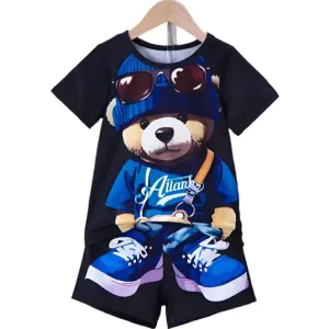Men's 2-Piece Cartoon Bear Print Short Sleeve T-Shirt & Drawstring Shorts Set - Casual Summer Beachwear