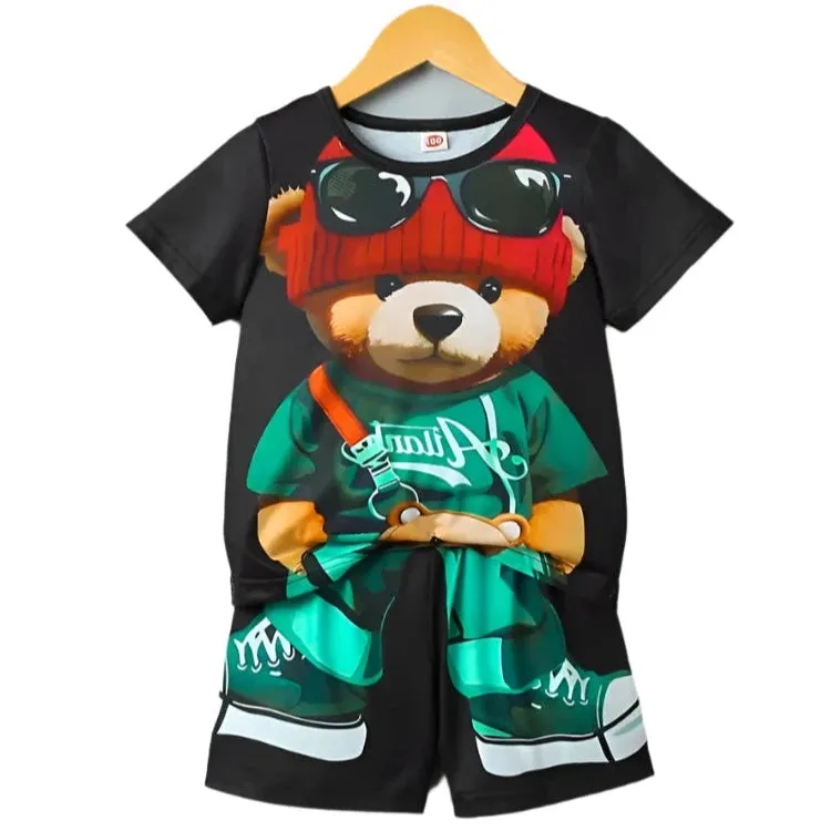 Men's 2-Piece Cartoon Bear Print Short Sleeve T-Shirt & Drawstring Shorts Set - Casual Summer Beachwear