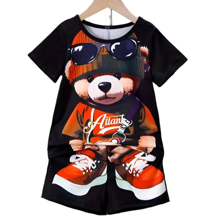 Men's 2-Piece Cartoon Bear Print Short Sleeve T-Shirt & Drawstring Shorts Set - Casual Summer Beachwear