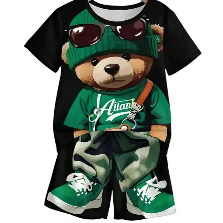 Men's 2-Piece Cartoon Bear Print Short Sleeve T-Shirt & Drawstring Shorts Set - Casual Summer Beachwear
