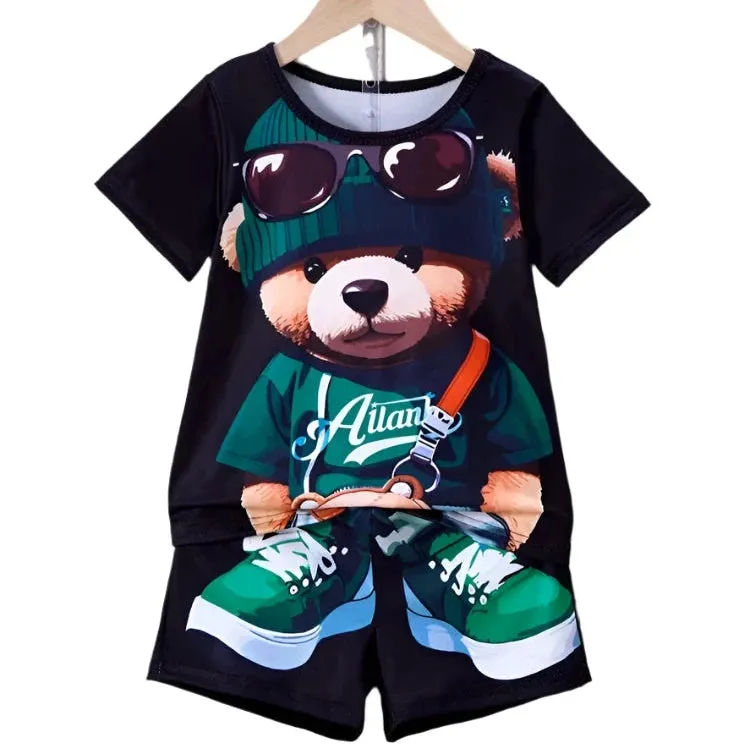 Men's 2-Piece Cartoon Bear Print Short Sleeve T-Shirt & Drawstring Shorts Set - Casual Summer Beachwear