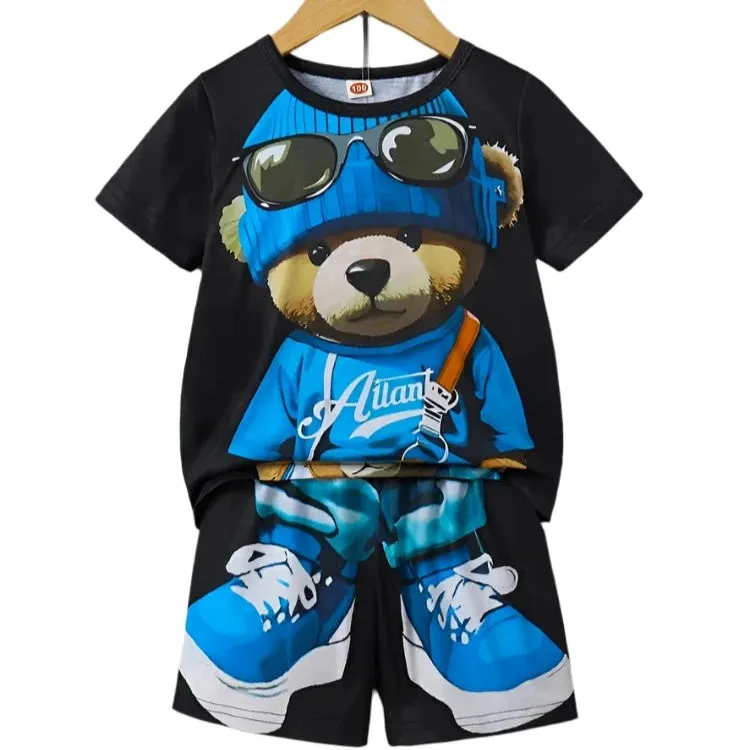 Men's 2-Piece Cartoon Bear Print Short Sleeve T-Shirt & Drawstring Shorts Set - Casual Summer Beachwear