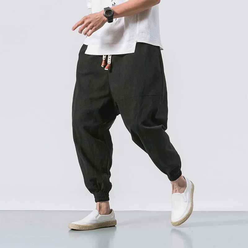 Men's Hip Hop Harem Pants Joggers Linen Drawstring Elastic Waist Baggy Drop Crotch Sweatpants Trousers