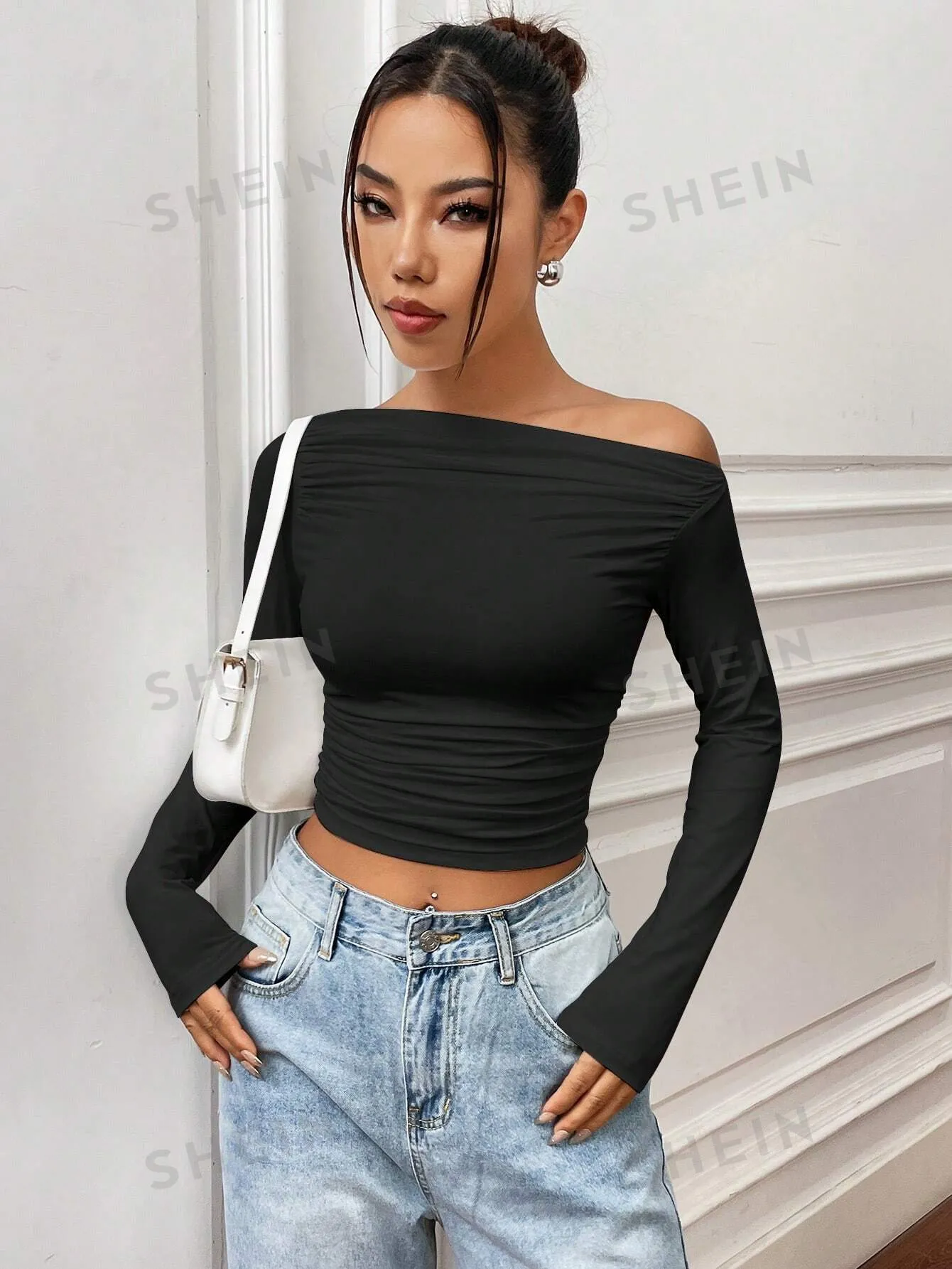 MOOSTA Women's Off Shoulder Long Sleeve Ruffled T-Shirt