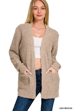 Morning Coffee Ash Mocha Popcorn Detail Open Cardigan (Size Large)