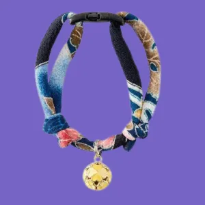 Necoichi Chirimen Collar with Clover Bell Navy