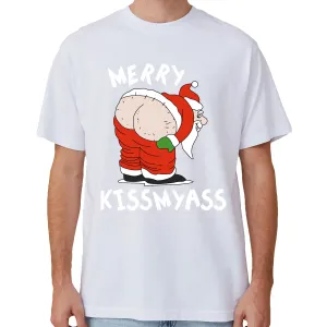 NNEDSZ 100% Cotton Christmas T-shirt Adult Unisex Tee Tops Funny Santa Party Custume, Merry Kissmyass (White), 2XL