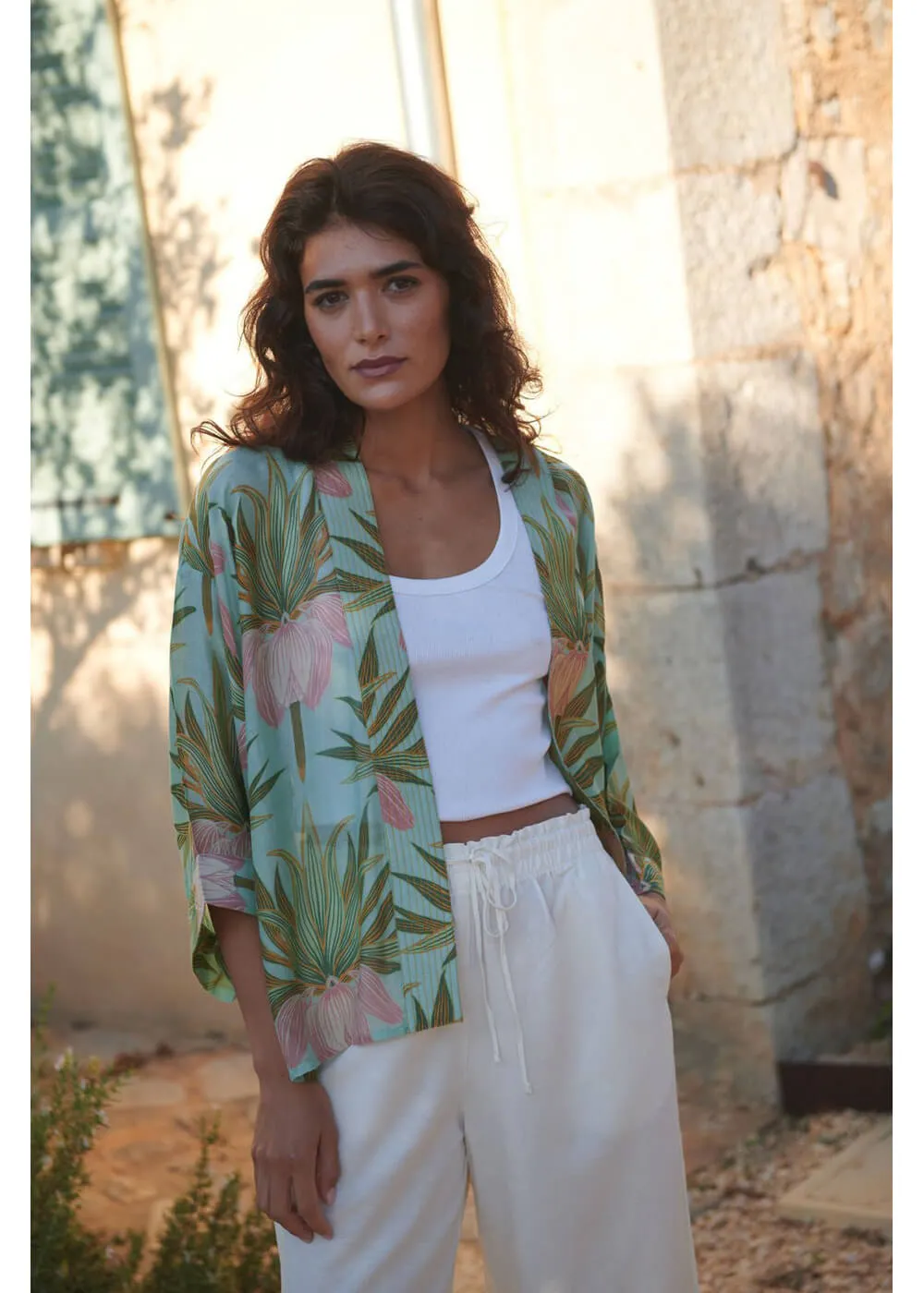 One Hundred Stars Deco Bud Short Kimono Aqua