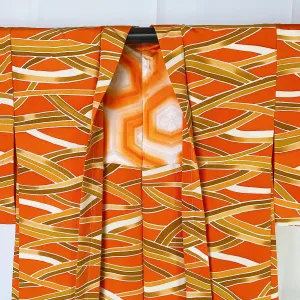 Orange Haori, Japanese Kimono, Wave Pattern, Geometric, Women's Jacket, Cardigan, Casual Layer, Versatile top, Housewear, Chic-J