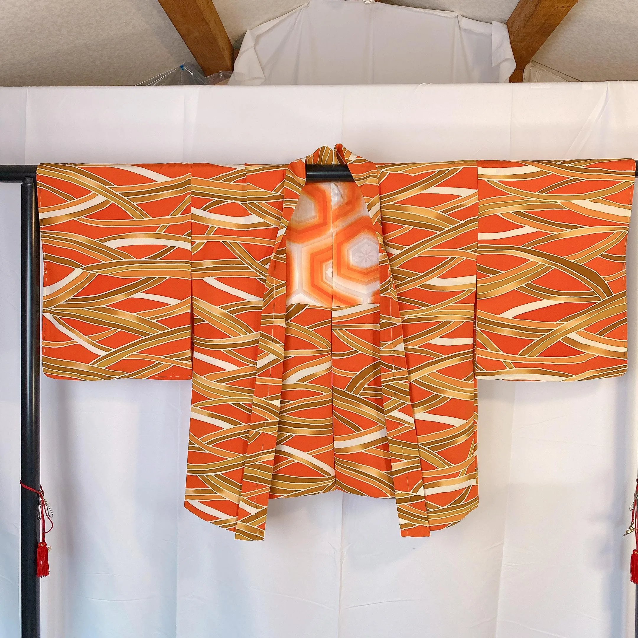 Orange Haori, Japanese Kimono, Wave Pattern, Geometric, Women's Jacket, Cardigan, Casual Layer, Versatile top, Housewear, Chic-J