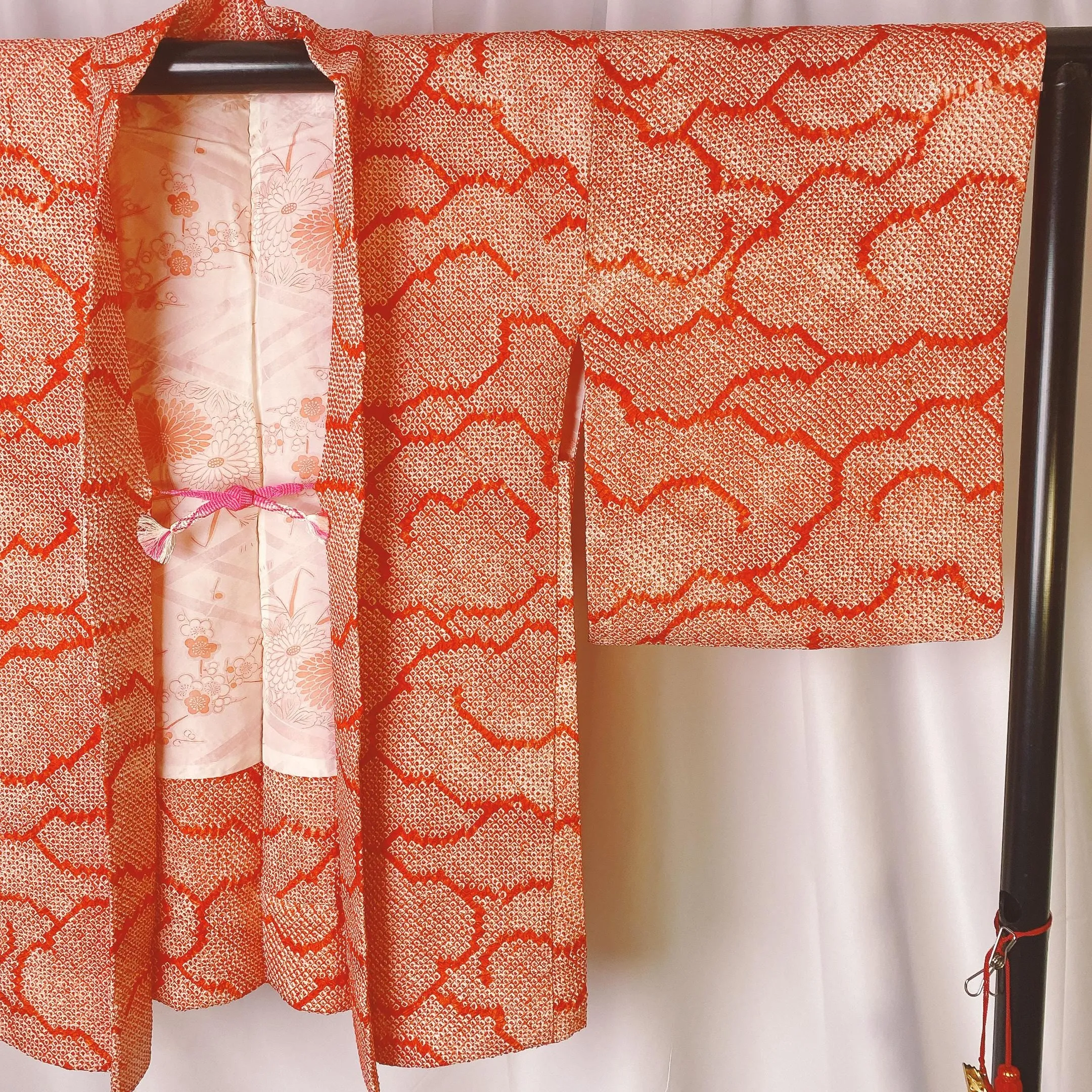 Orange Shibori Haori, Japanese Kimono, Clouds, Traditional pattern, Cardigan, Women's Jacket, Silk Long outer, Casual Layer, Versatile-K