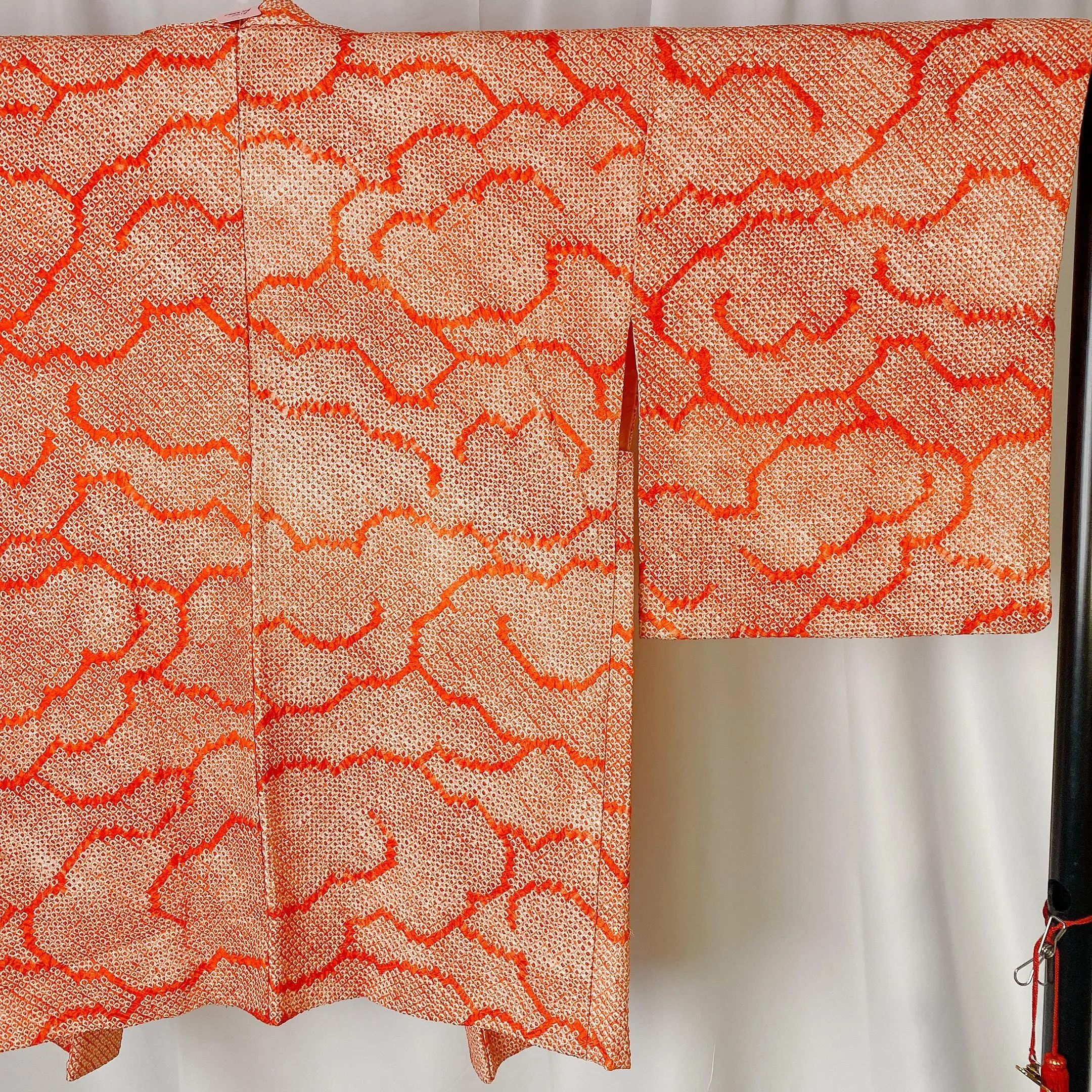 Orange Shibori Haori, Japanese Kimono, Clouds, Traditional pattern, Cardigan, Women's Jacket, Silk Long outer, Casual Layer, Versatile-K