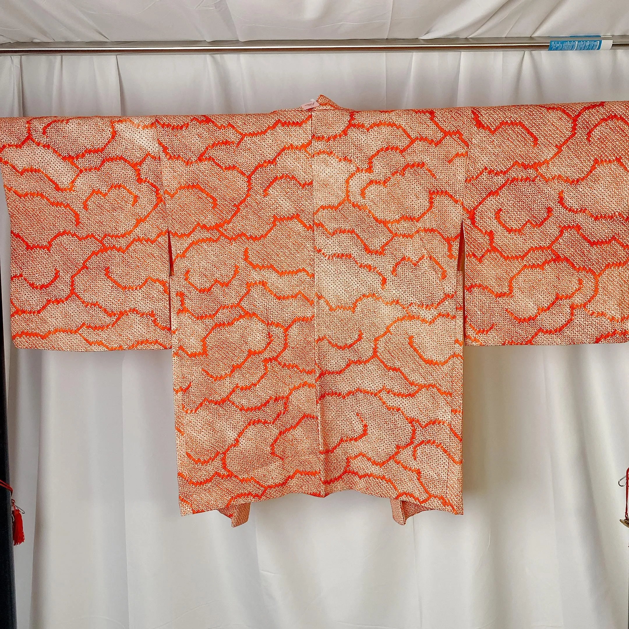 Orange Shibori Haori, Japanese Kimono, Clouds, Traditional pattern, Cardigan, Women's Jacket, Silk Long outer, Casual Layer, Versatile-K
