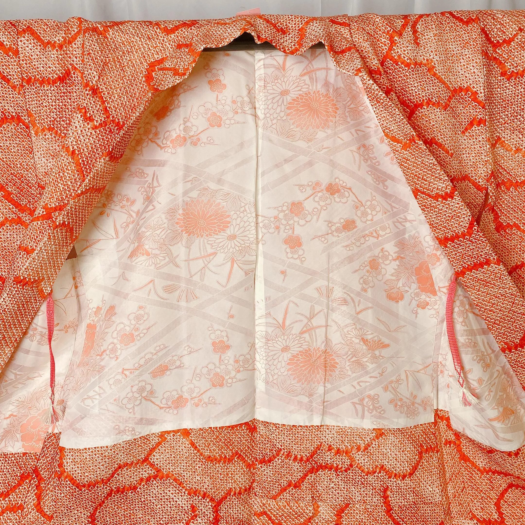 Orange Shibori Haori, Japanese Kimono, Clouds, Traditional pattern, Cardigan, Women's Jacket, Silk Long outer, Casual Layer, Versatile-K