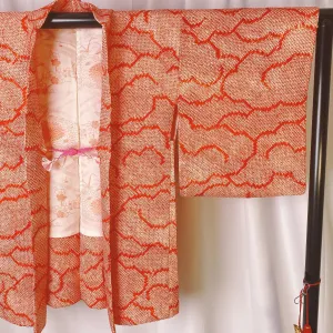 Orange Shibori Haori, Japanese Kimono, Clouds, Traditional pattern, Cardigan, Women's Jacket, Silk Long outer, Casual Layer, Versatile-K