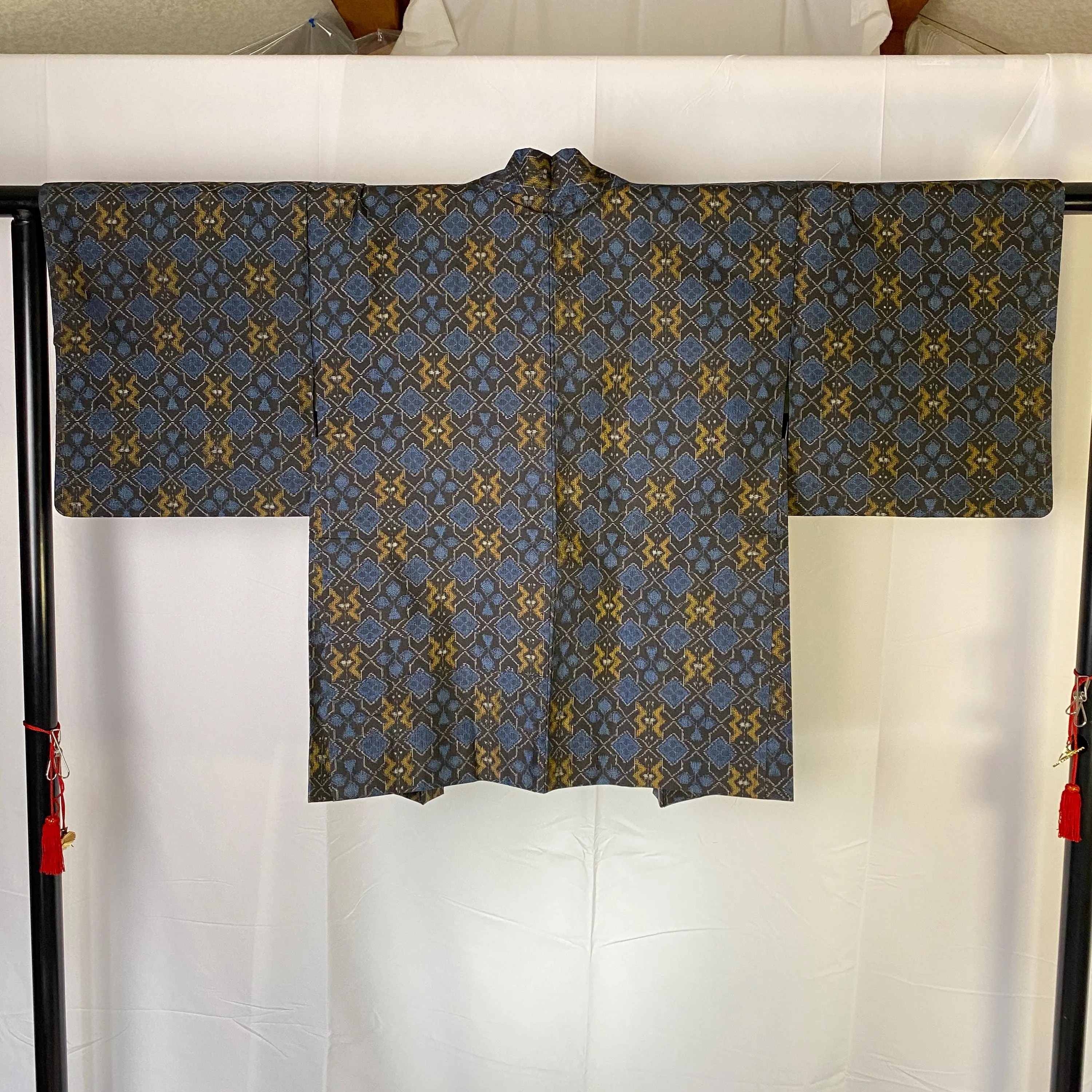 Oshima Tsumugi Haori, Japanese Kimono, Dark Blue/Black, Geometric, Women's Jacket, Cardigan, Versatile top, Housewear, Kimono-J