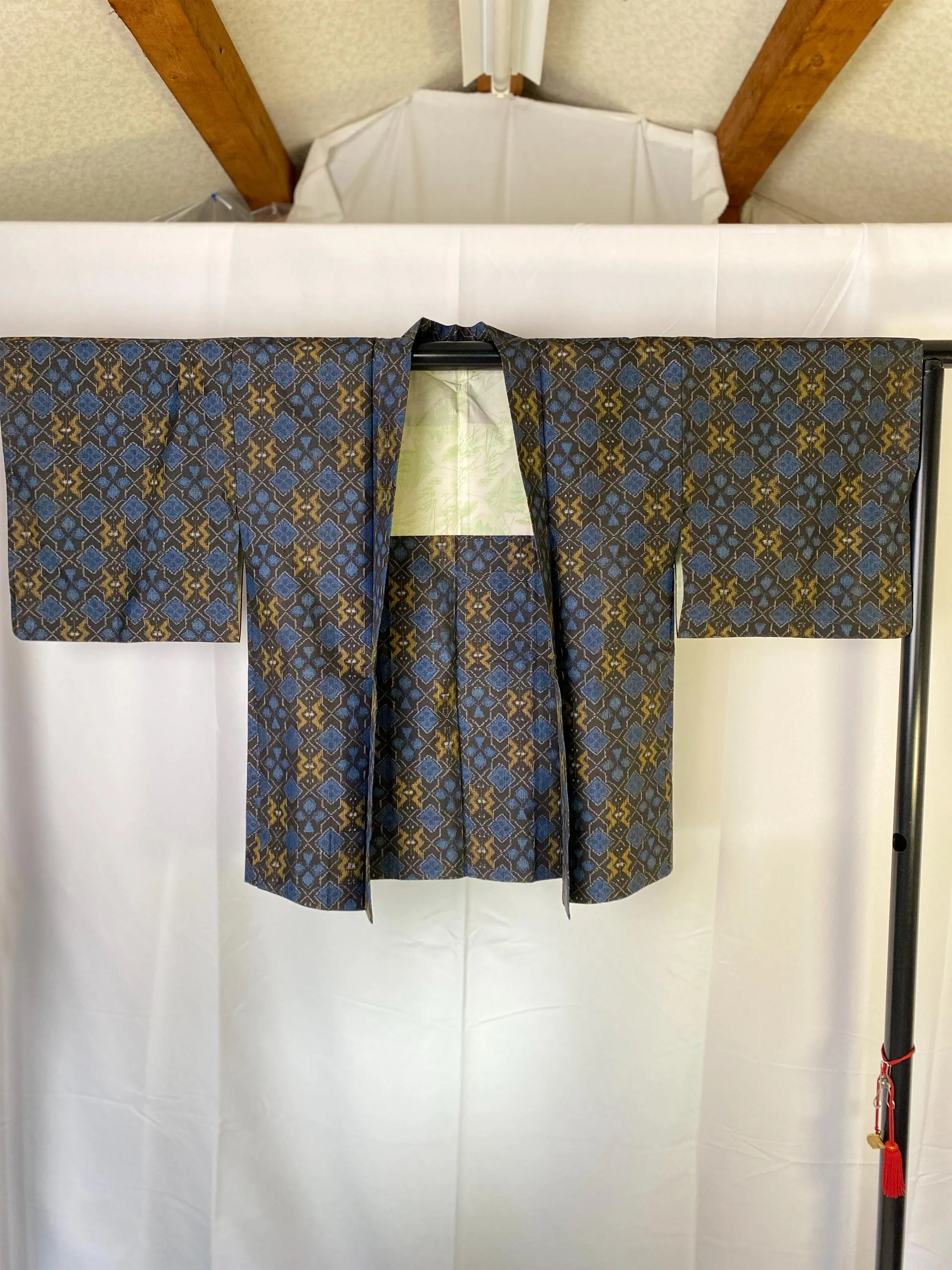 Oshima Tsumugi Haori, Japanese Kimono, Dark Blue/Black, Geometric, Women's Jacket, Cardigan, Versatile top, Housewear, Kimono-J