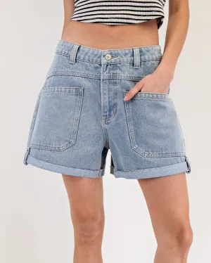 Patch Pocket Denim Shorts - Denim