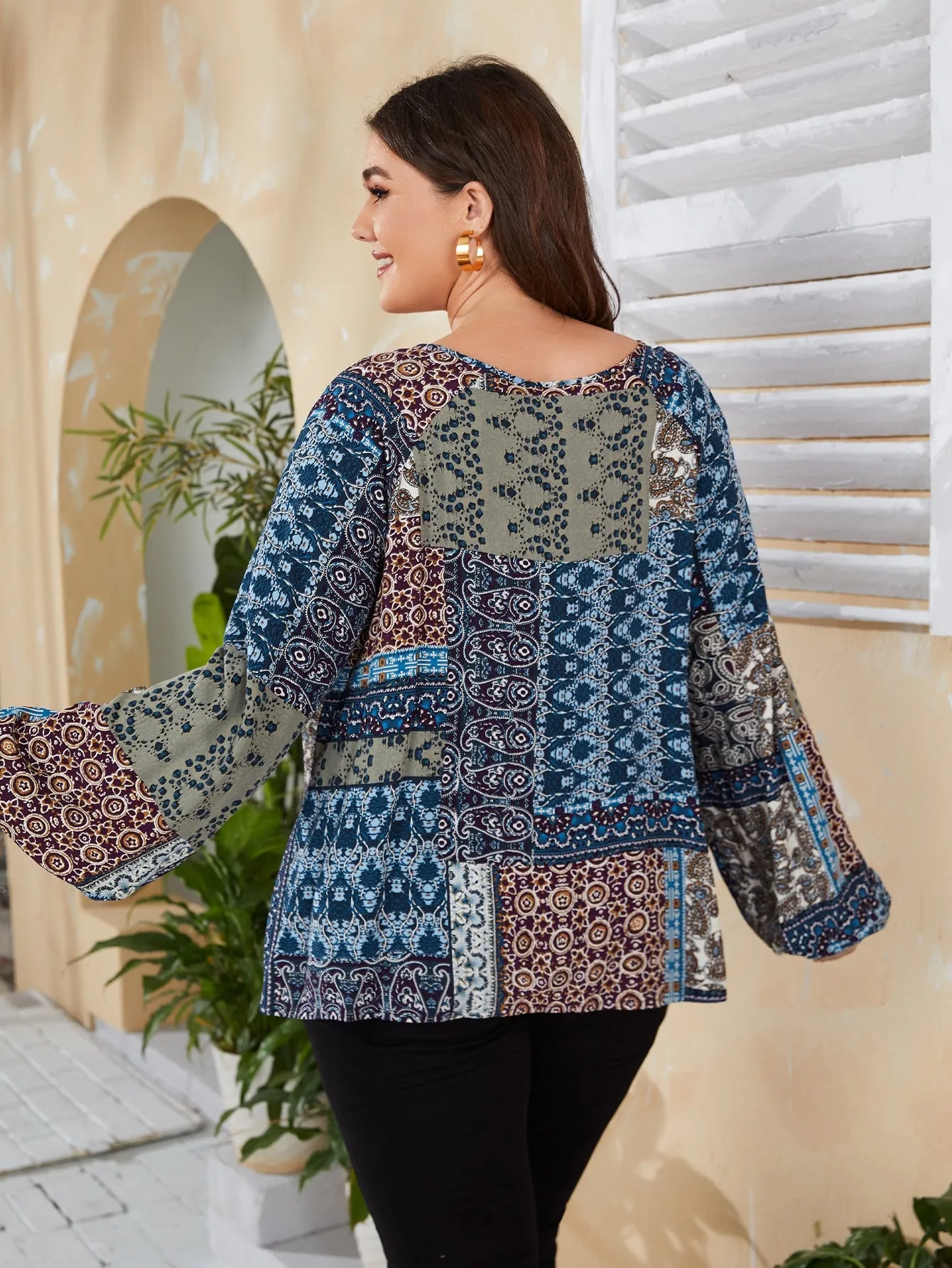 Patchwork Tie Front Long Sleeve Tie Neck Regular Plus Size Blouse