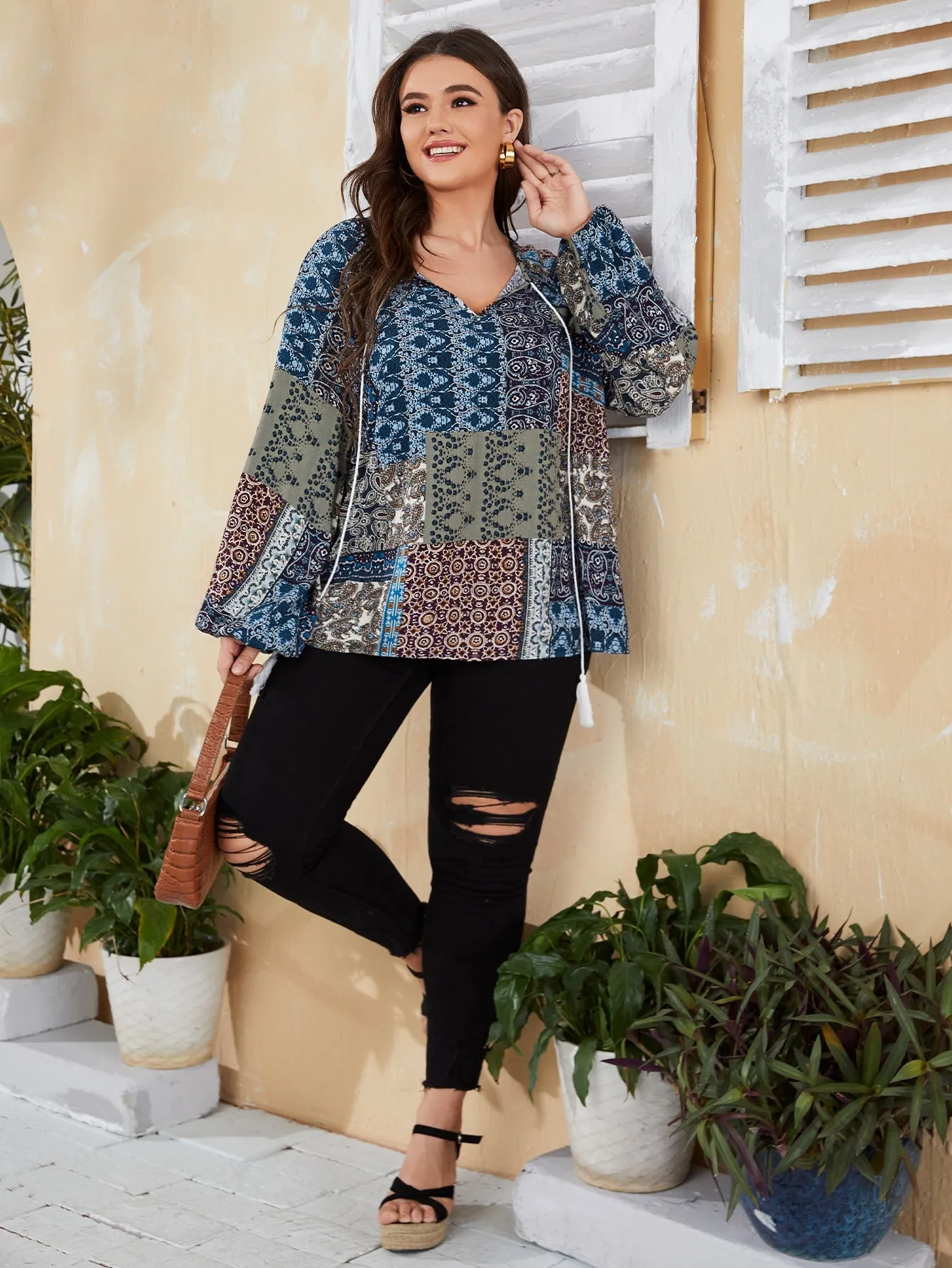 Patchwork Tie Front Long Sleeve Tie Neck Regular Plus Size Blouse