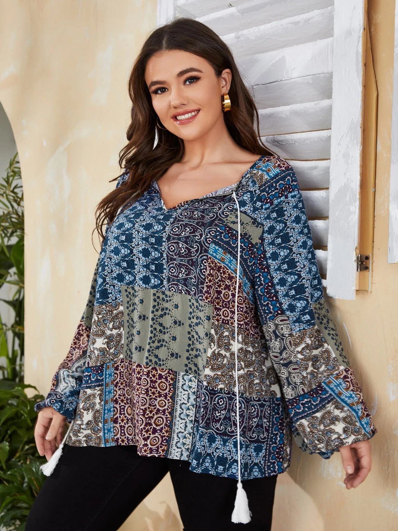 Patchwork Tie Front Long Sleeve Tie Neck Regular Plus Size Blouse