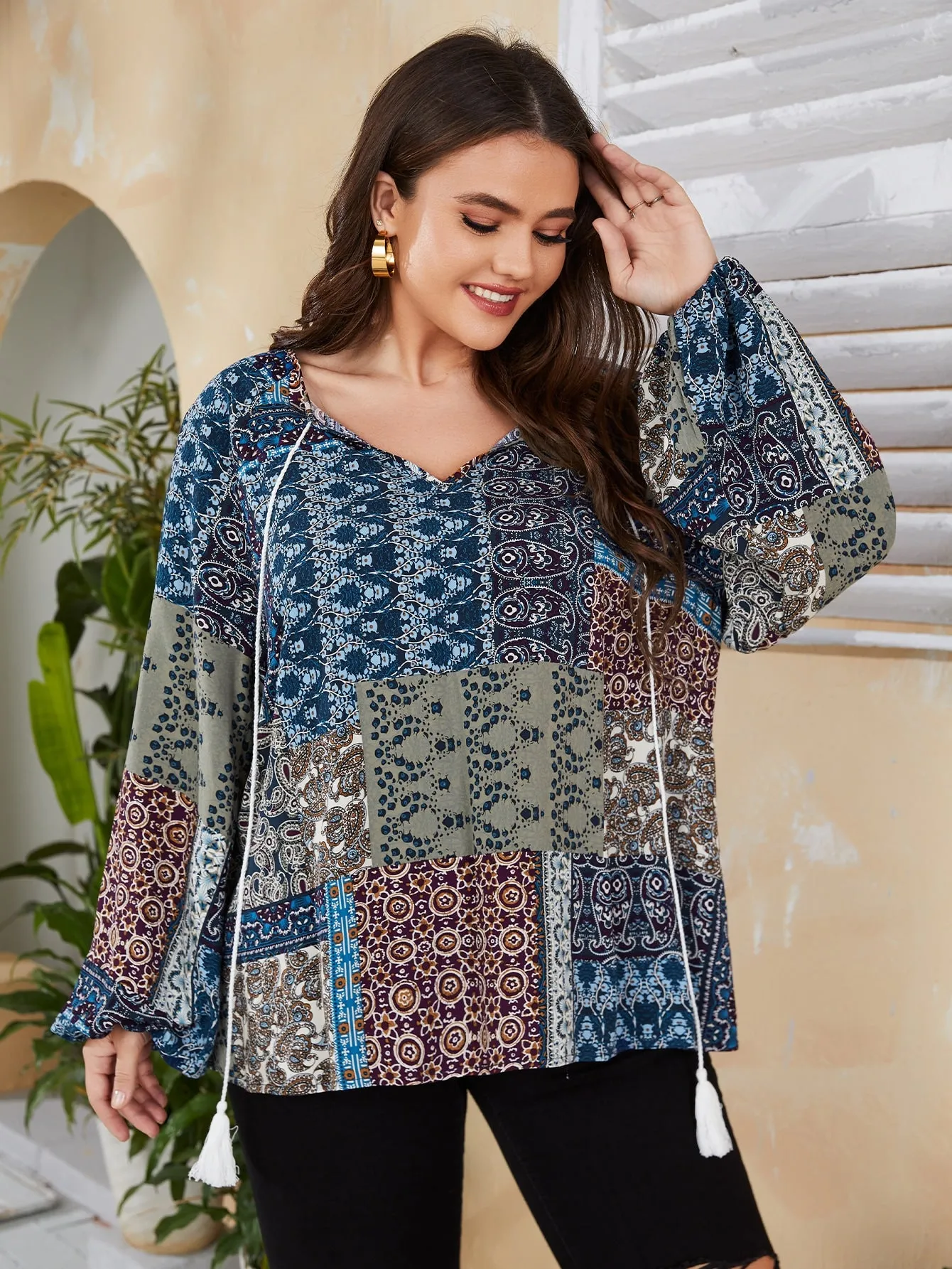 Patchwork Tie Front Long Sleeve Tie Neck Regular Plus Size Blouse