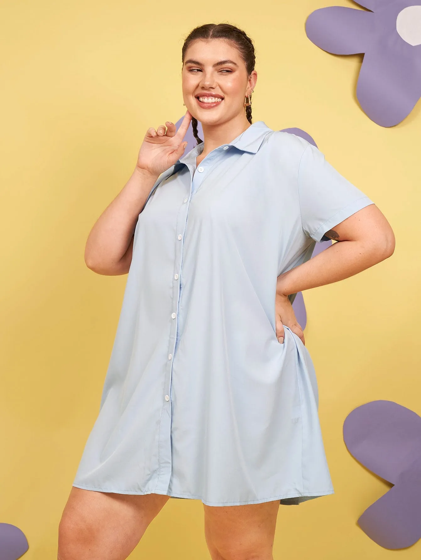 Plain Button Front Short Sleeve Collar Long Plus Size Blouse