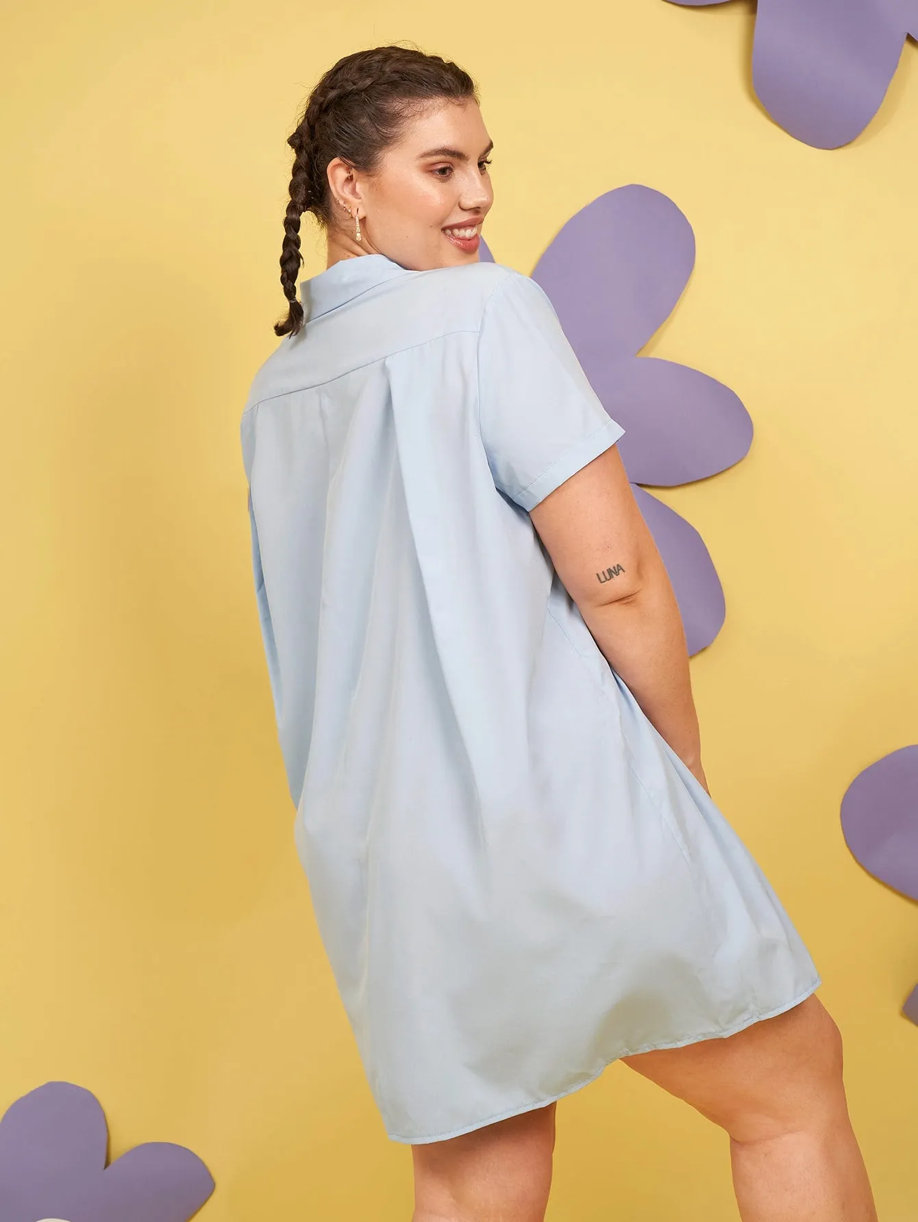 Plain Button Front Short Sleeve Collar Long Plus Size Blouse