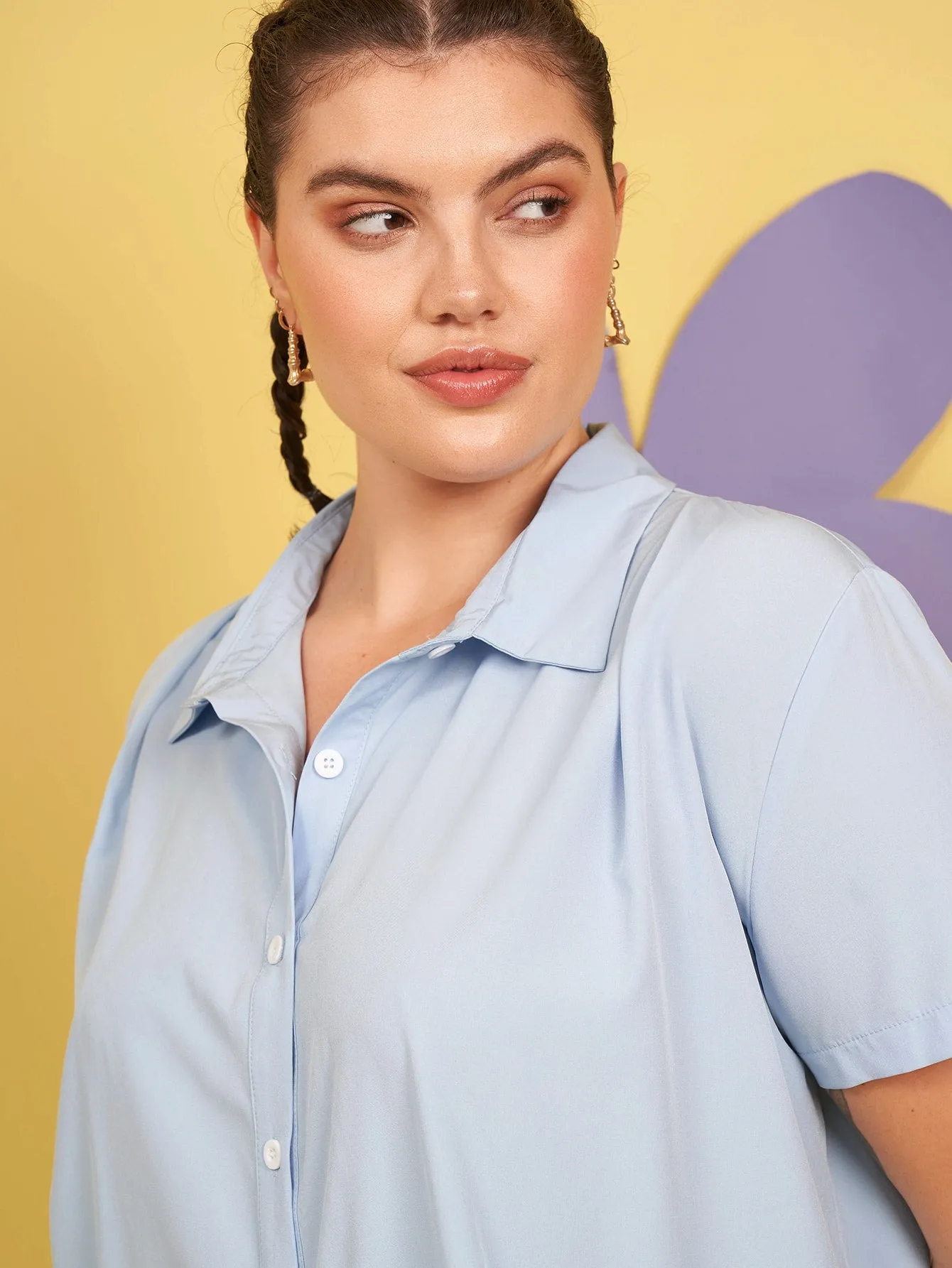 Plain Button Front Short Sleeve Collar Long Plus Size Blouse