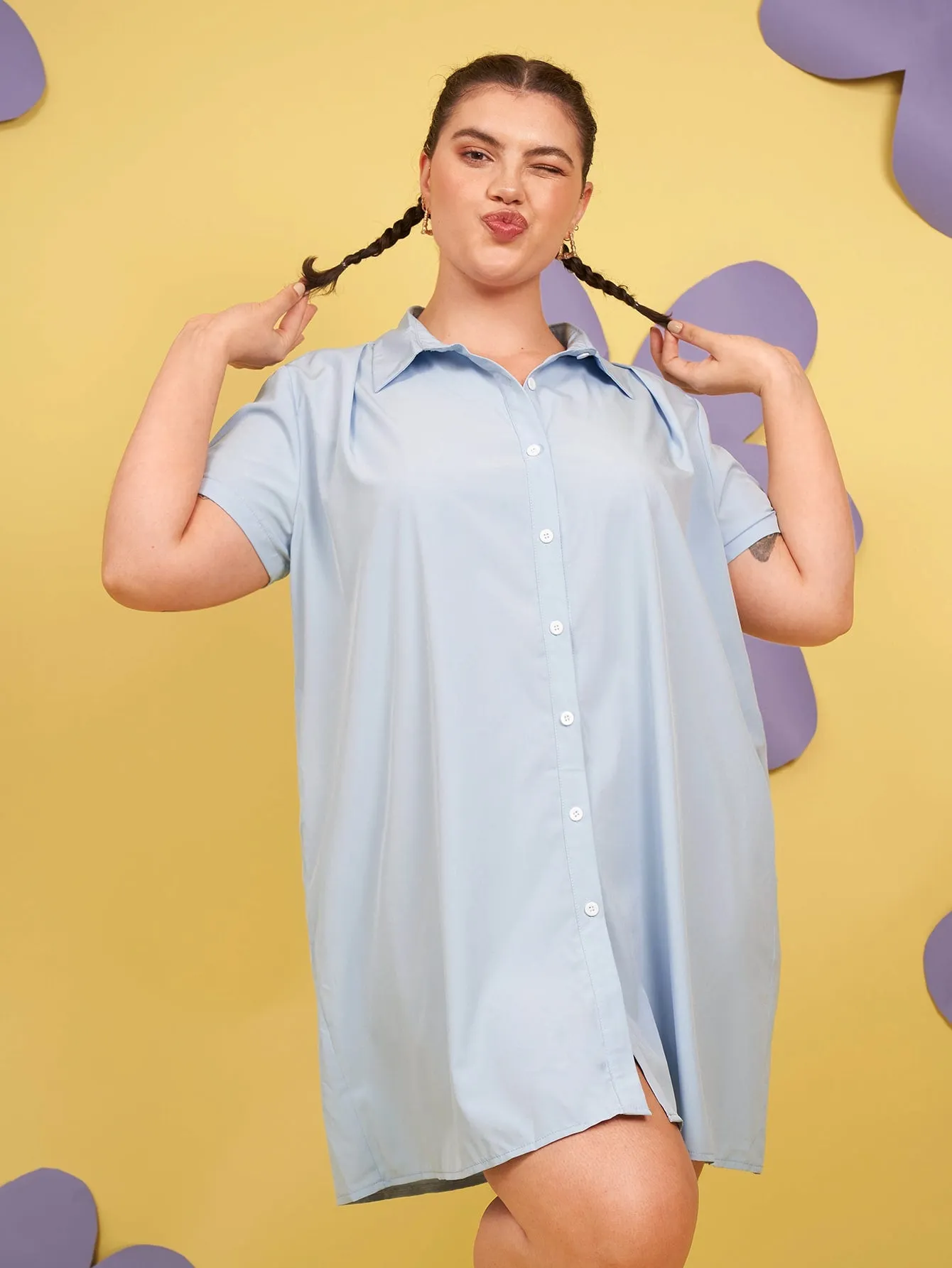 Plain Button Front Short Sleeve Collar Long Plus Size Blouse