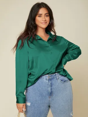 Plain Button Long Sleeve Collar Regular Plus Size Blouse