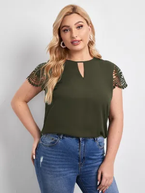 Plain Contrast Lace Cap Sleeve Keyhole Neckline Regular Plus Size Blouse