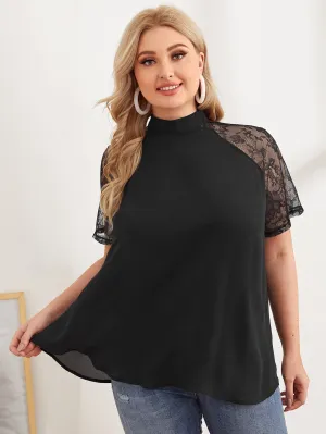 Plain Contrast Lace Short Sleeve Stand Collar Long Plus Size Blouse