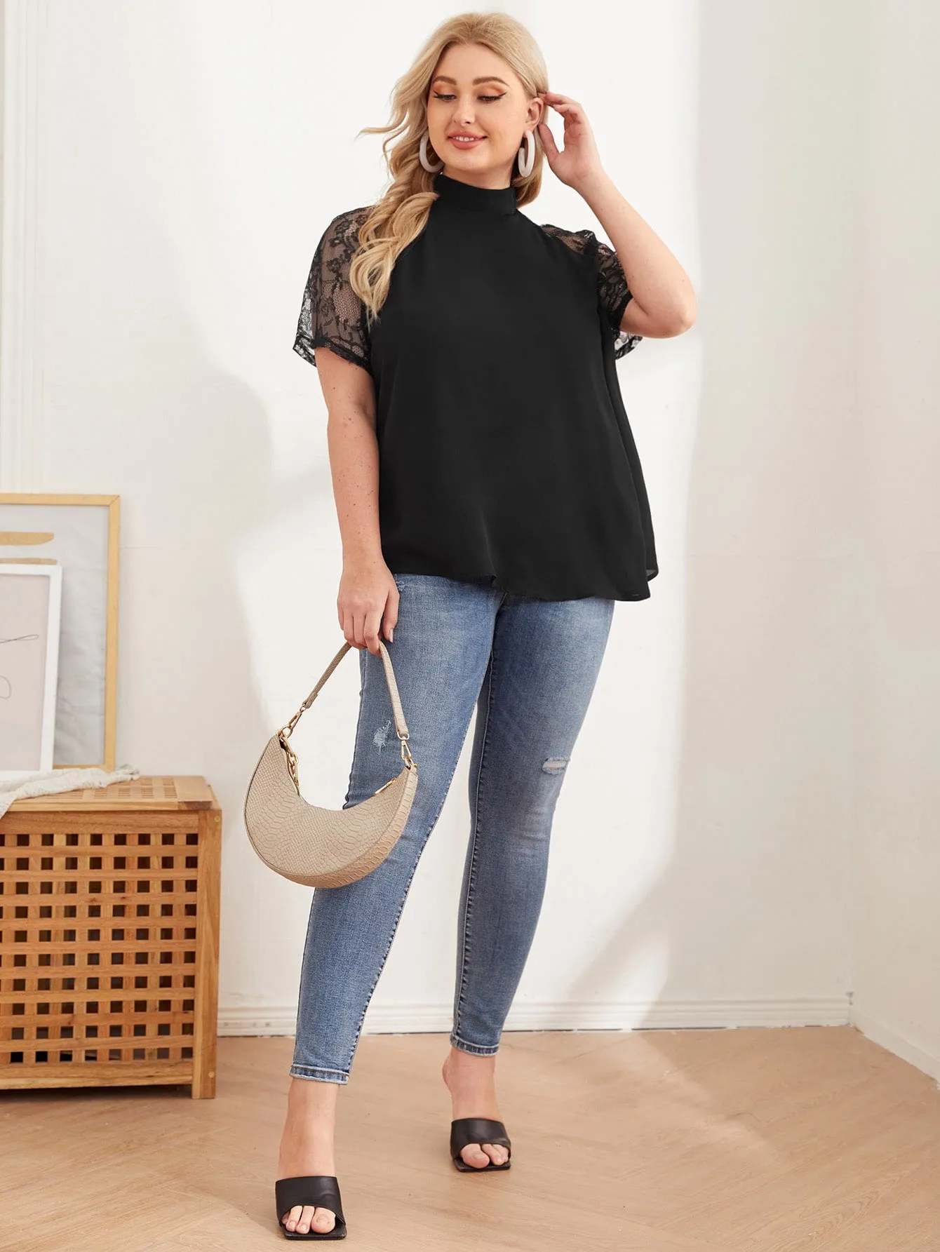 Plain Contrast Lace Short Sleeve Stand Collar Long Plus Size Blouse