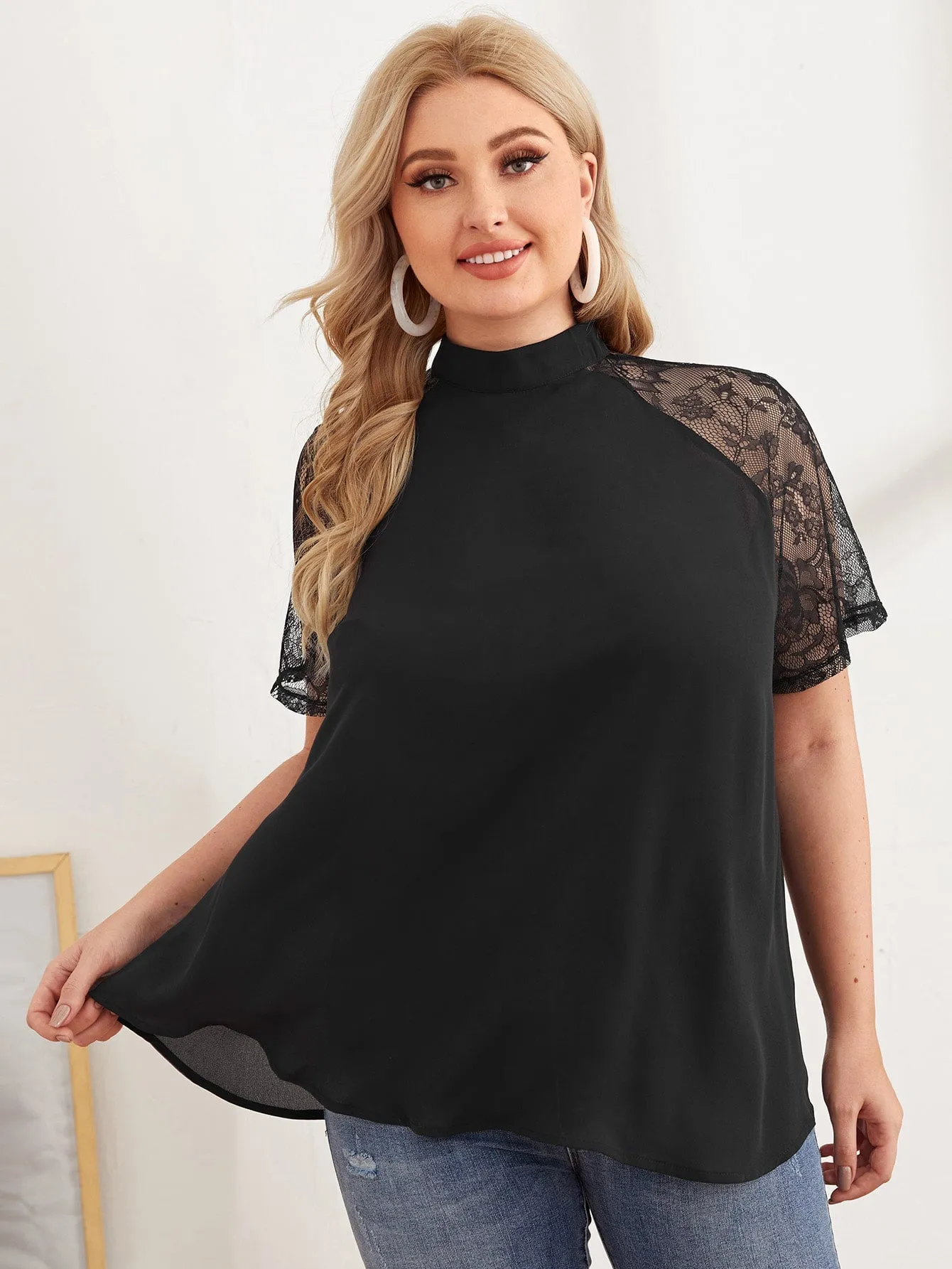 Plain Contrast Lace Short Sleeve Stand Collar Long Plus Size Blouse