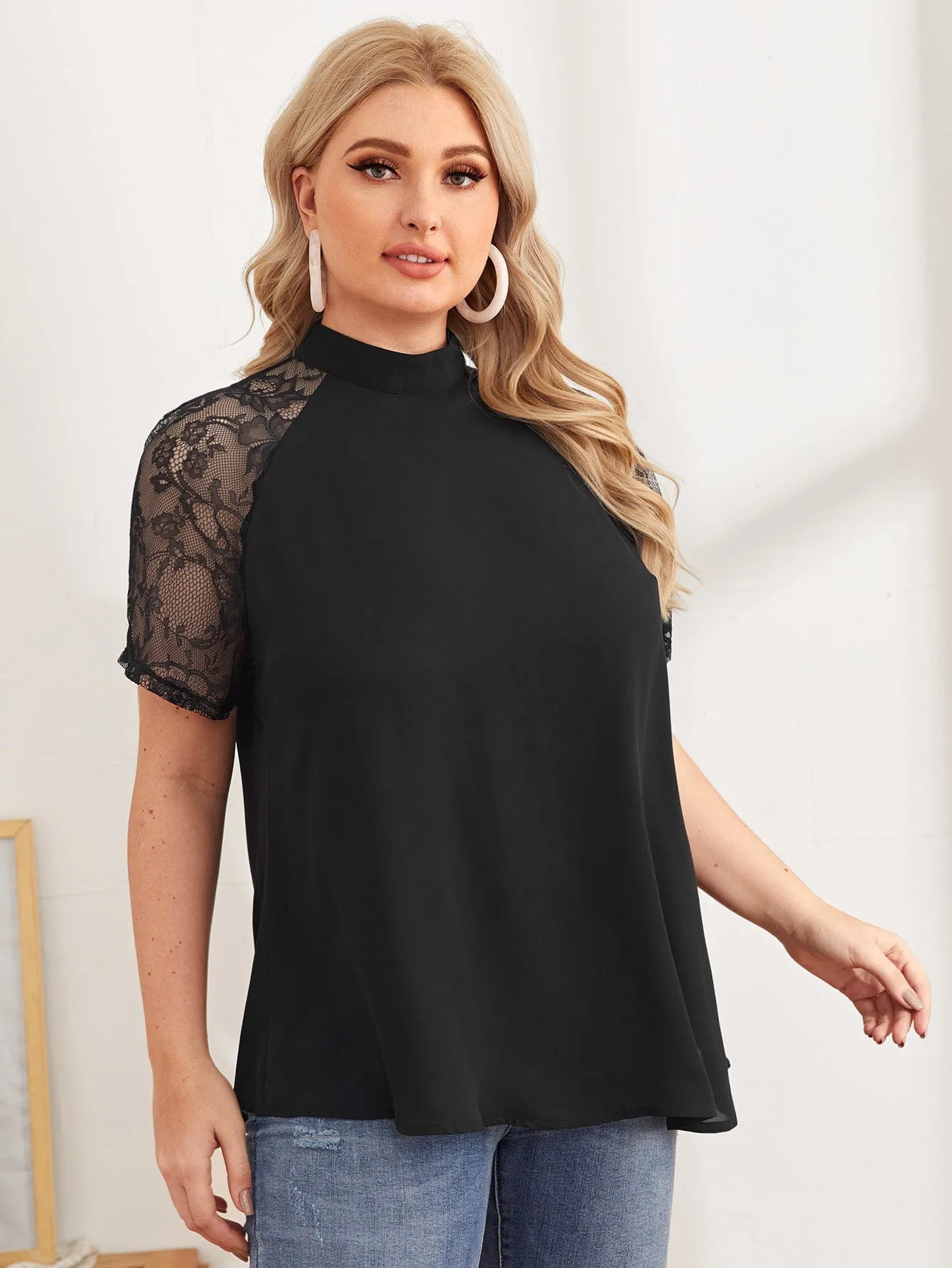 Plain Contrast Lace Short Sleeve Stand Collar Long Plus Size Blouse