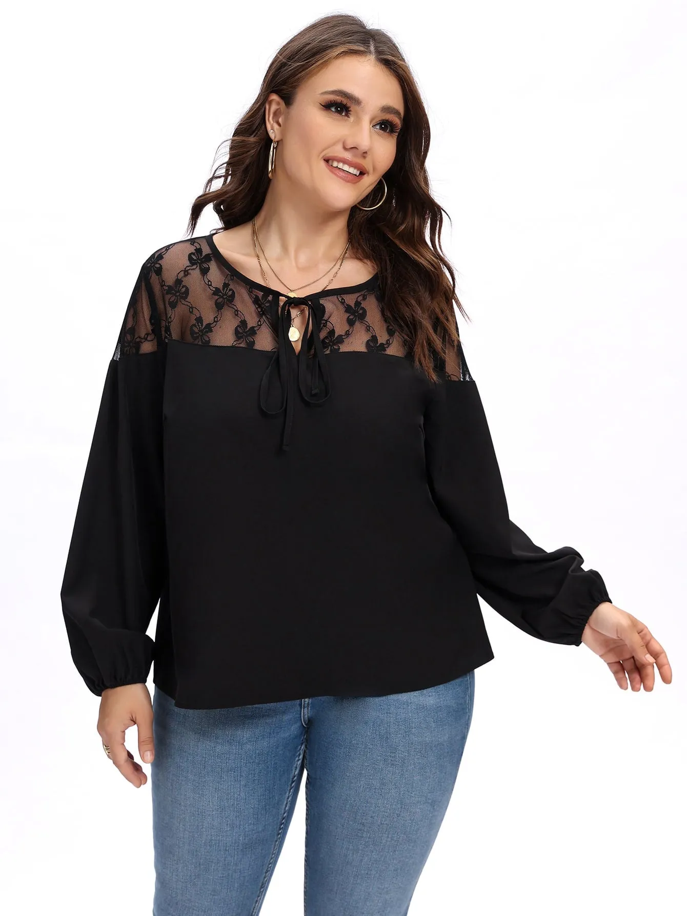 Plain Contrast Mesh Long Sleeve Tie Neck Regular Plus Size Blouse