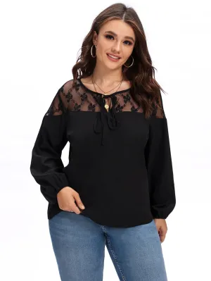 Plain Contrast Mesh Long Sleeve Tie Neck Regular Plus Size Blouse