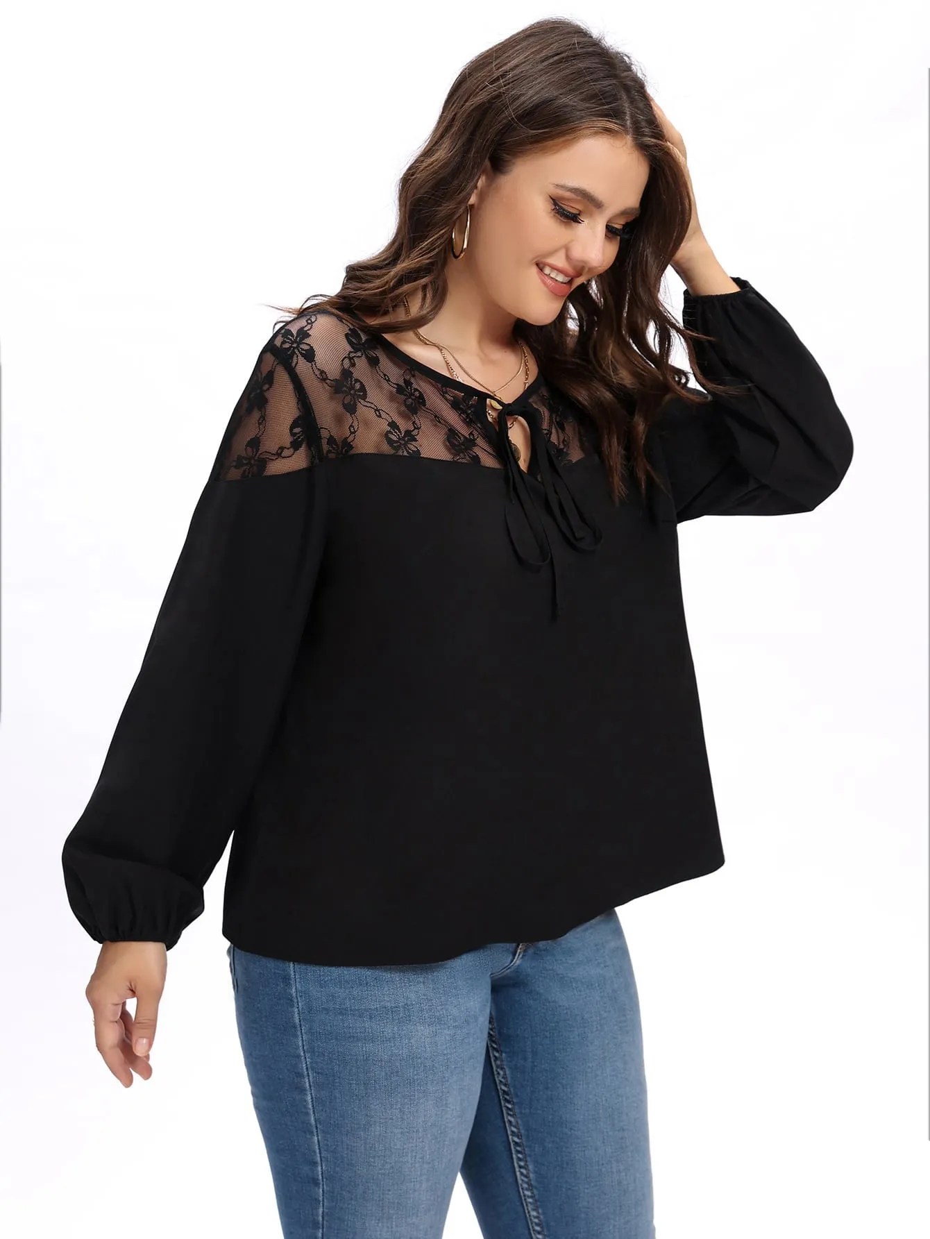Plain Contrast Mesh Long Sleeve Tie Neck Regular Plus Size Blouse