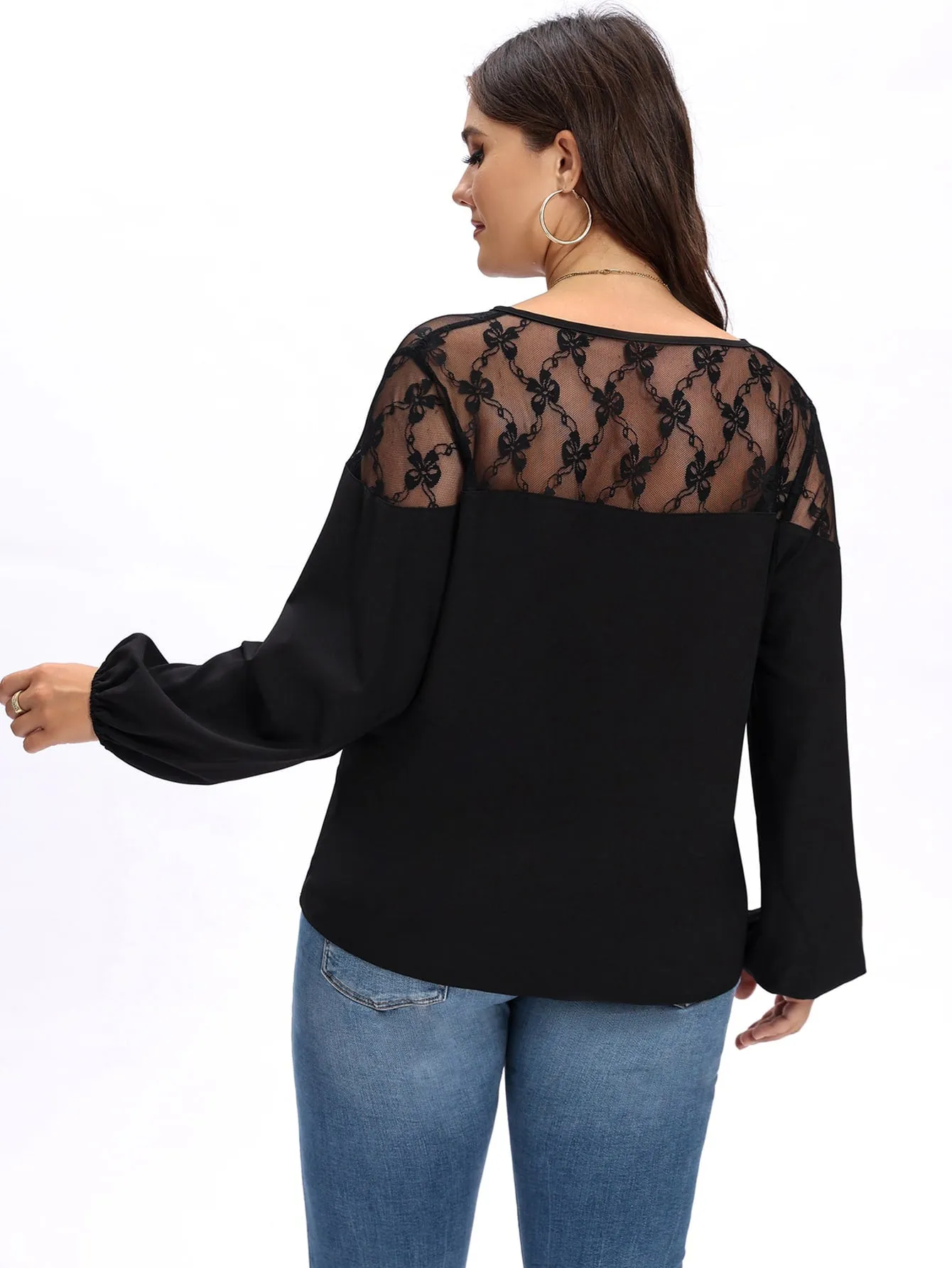 Plain Contrast Mesh Long Sleeve Tie Neck Regular Plus Size Blouse