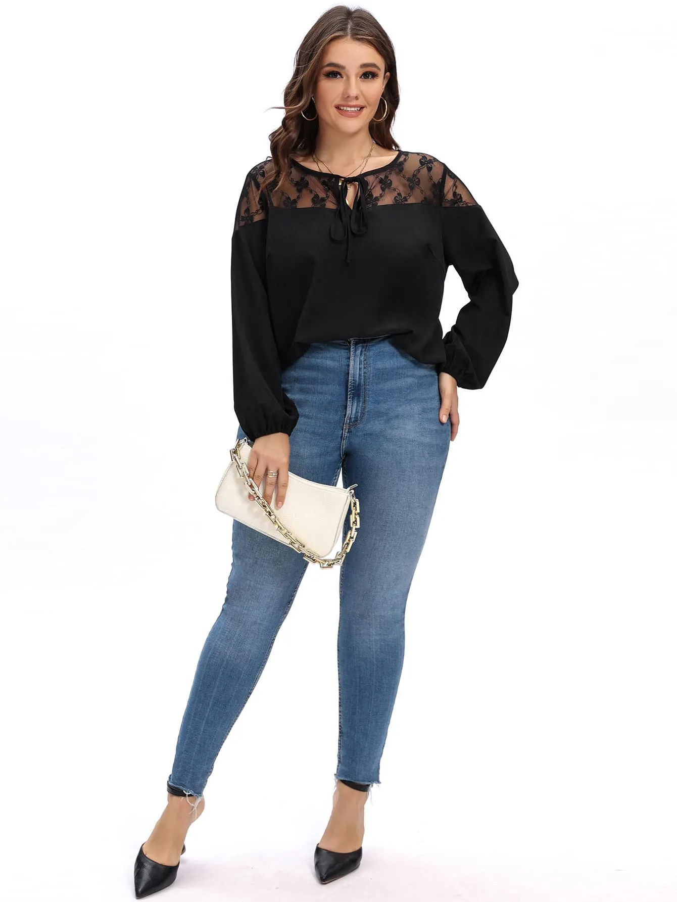 Plain Contrast Mesh Long Sleeve Tie Neck Regular Plus Size Blouse