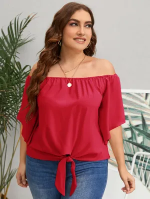 Plain Knot Three Quarter Length Sleeve Off The Shoulder Regular Plus Size Blouse