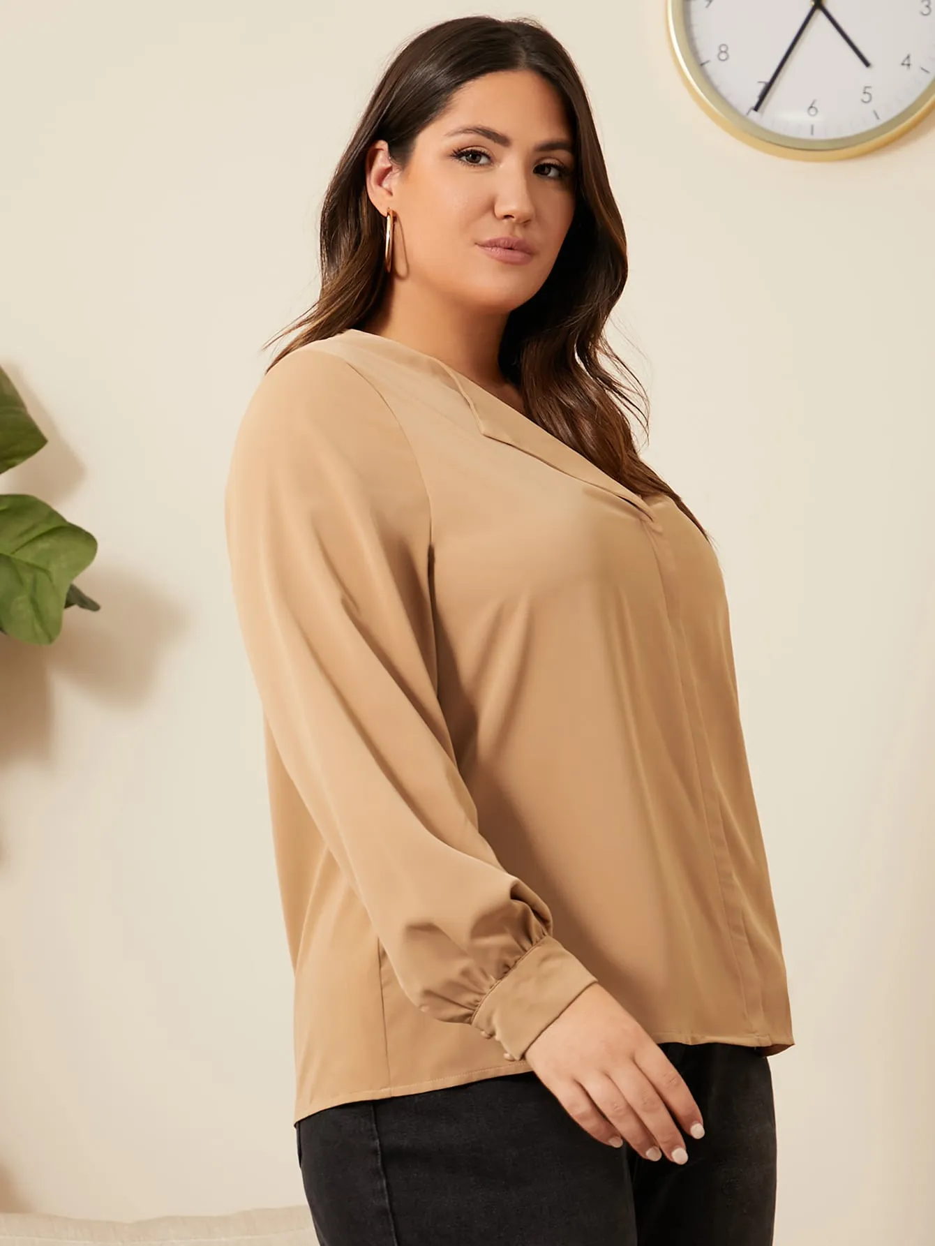 Plain Long Sleeve Collar Regular Plus Size Blouse