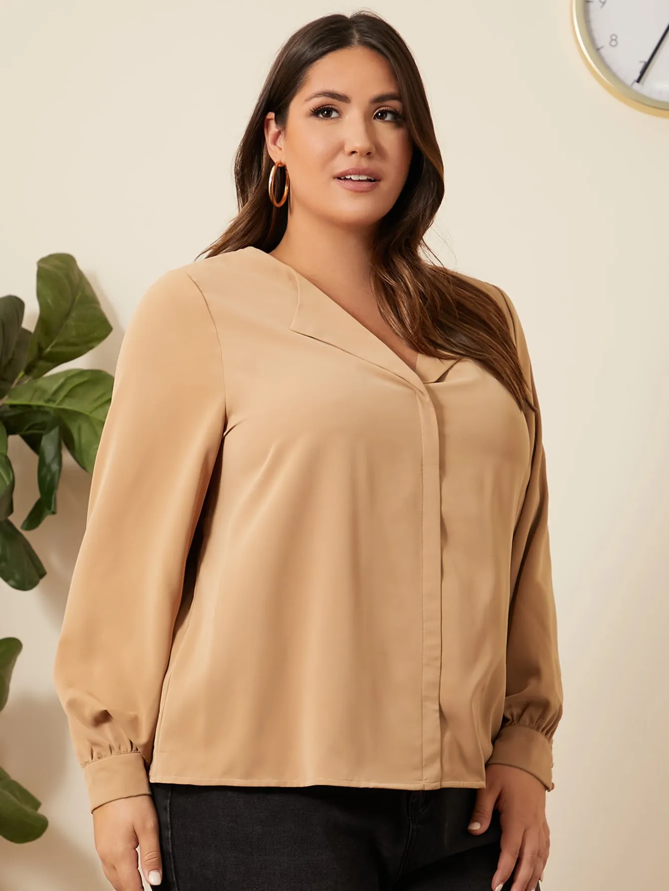Plain Long Sleeve Collar Regular Plus Size Blouse