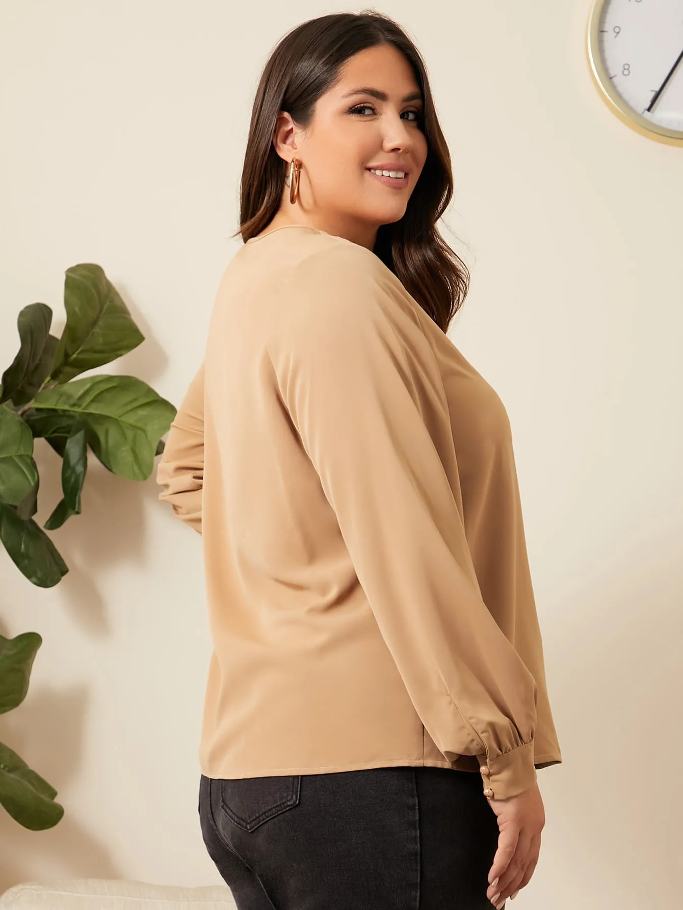 Plain Long Sleeve Collar Regular Plus Size Blouse