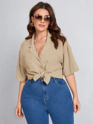 Plain Pocket Half Sleeve Lapel Regular Plus Size Blouse
