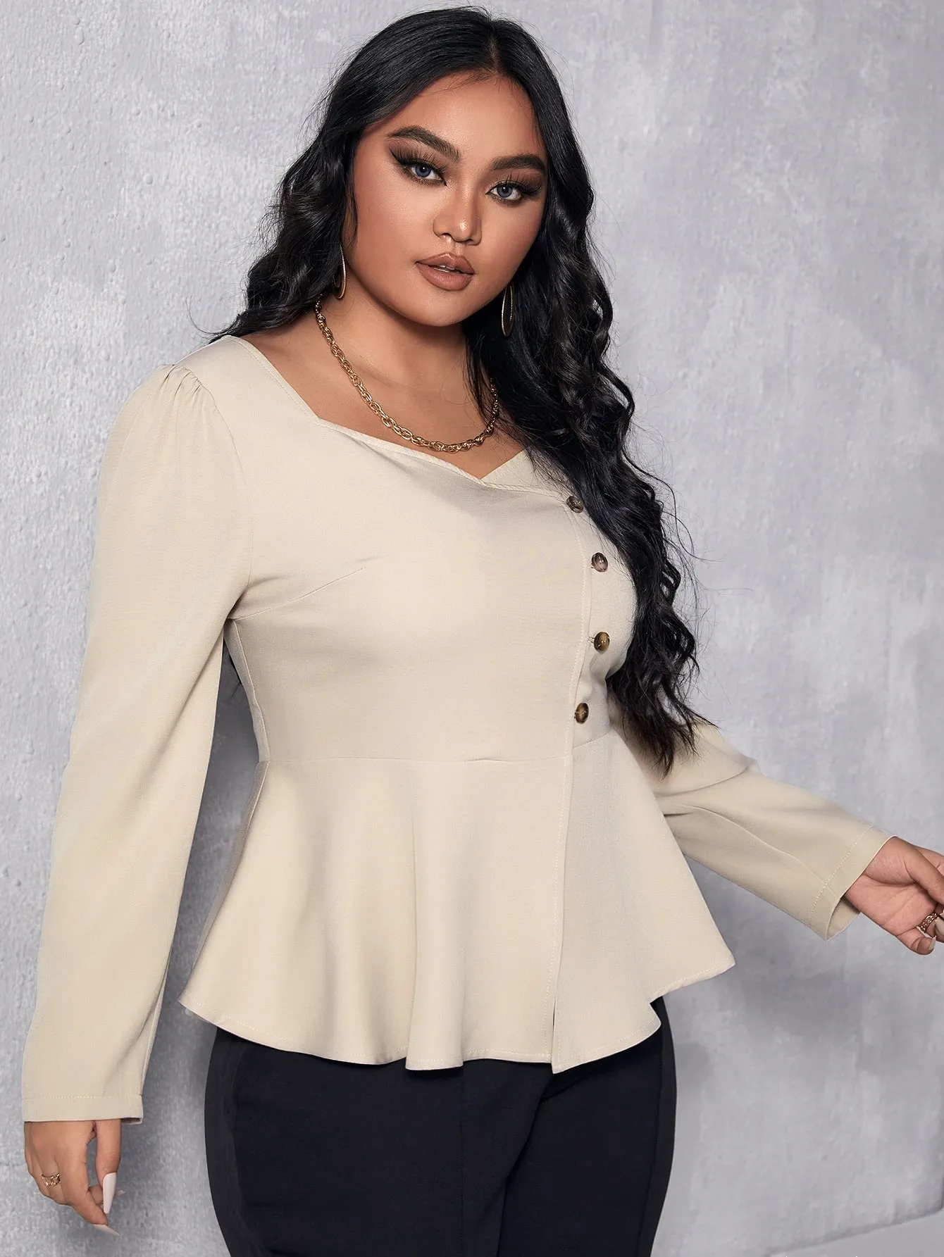 Plain Ruffle Hem Long Sleeve Sweetheart Flared Regular Plus Size Blouse